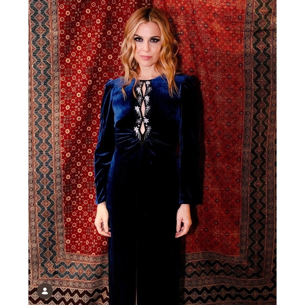 Saloni Jinx C Navy Blue Velvet Crystal Embellished Midi Dress Long Sleeve Slit